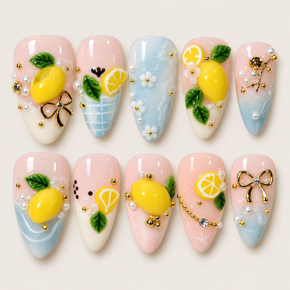 ACEGRIP Blush Lemon Grove press-on nails in peach nude, yellow, blue, and green, with lemon motifs, style JH13026