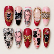ACEGRIP Scarlet Cat Café Cameo press-on nails in red, peach nude, pink, and black, with cat motifs, style JH13027