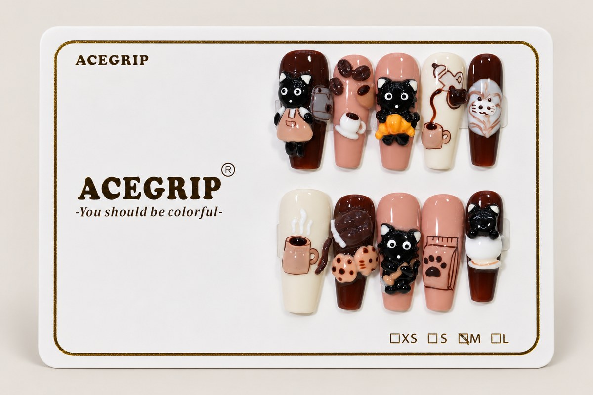 ACEGRIP Cocoa Cat Café, style JH13029, complete 10-nail set on its presentation card