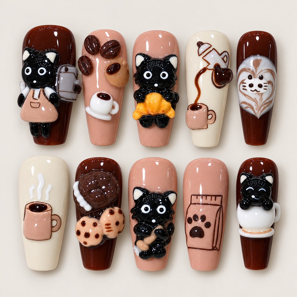 Cocoa Cat Café - Brown Cat & Coffee-Themed Press-On Nails