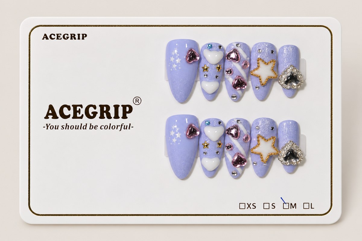 ACEGRIP Violet Hearts, style JH13032, complete 10-nail set on its presentation card