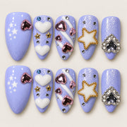 ACEGRIP Violet Hearts press-on nails in purple, white, pink, and silver tones, with heart motifs, style JH13032