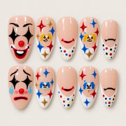 ACEGRIP Blush Expressions Starlight press-on nails in peach nude, red, blue, and yellow, with expressive face motifs, style JH13033
