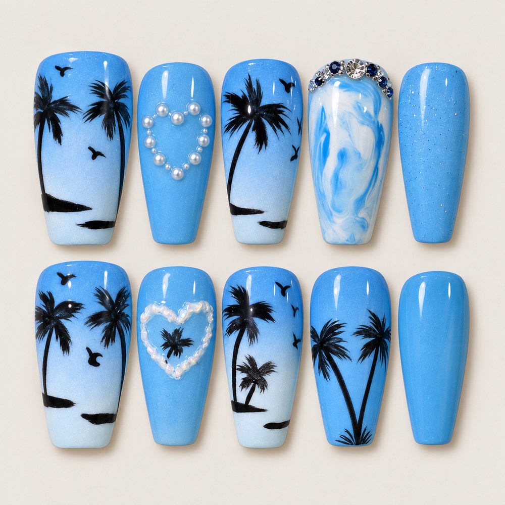 ACEGRIP Azure Palm Shore press-on nails in blue, black, and white, with palm-tree silhouettes, style JH13035