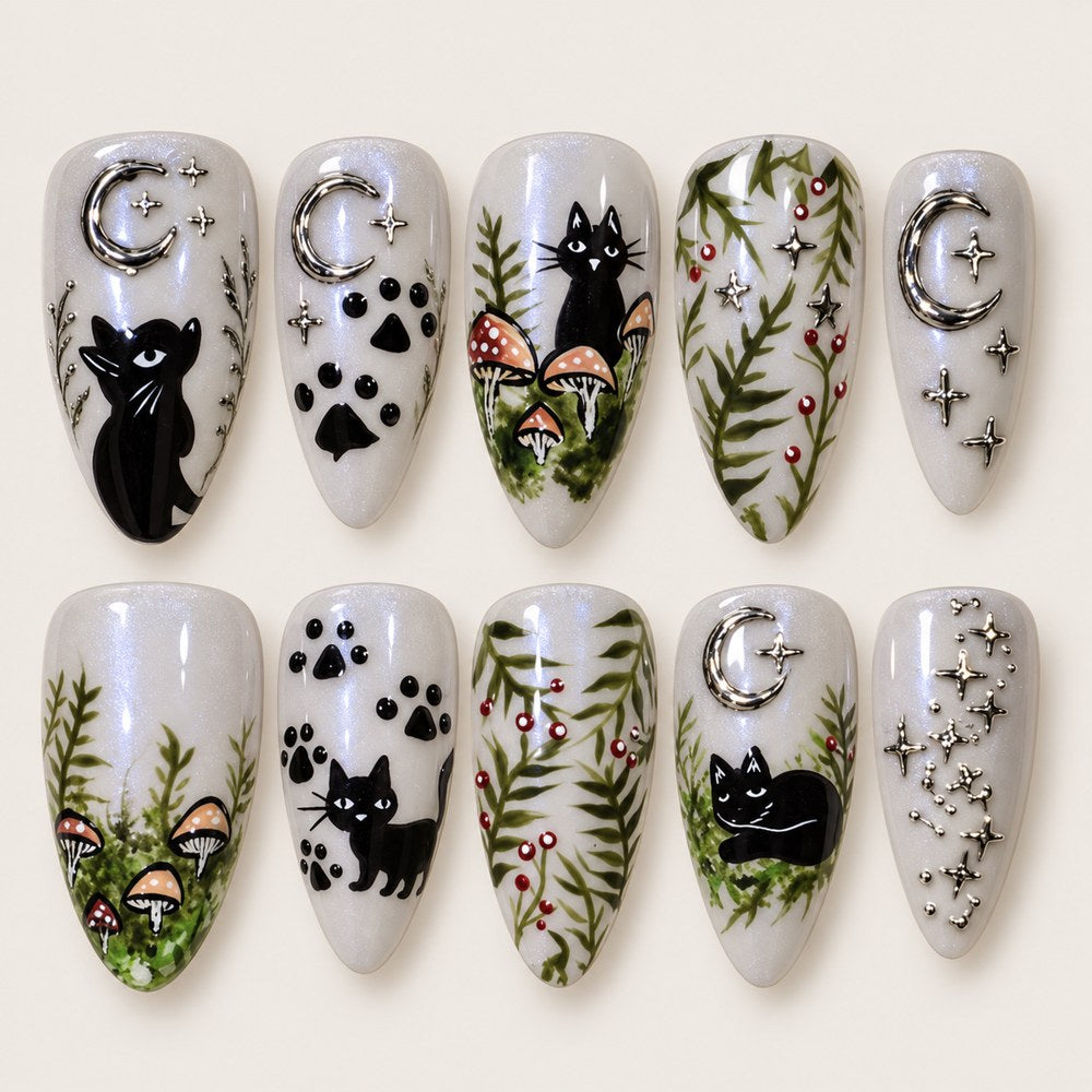 ACEGRIP Ivory Cat Café press-on nails in white, black, green, and silver tones, with cat motifs, style JH13036
