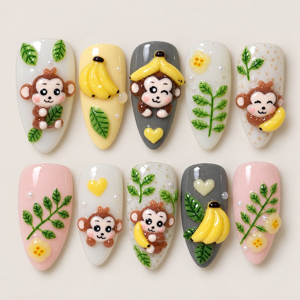 Blush Monkey Foliage - Peach Nude Monkey & Banana Press-On Nails