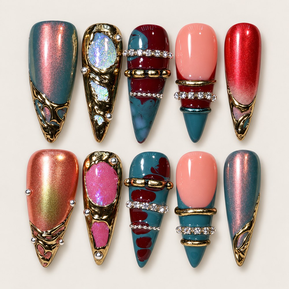 ACEGRIP Lagoon Rings press-on nails in turquoise, red, peach nude, and gold tones, with ring-like accents, style NB15002