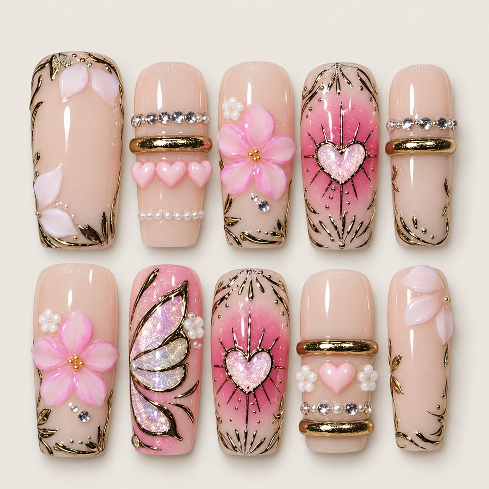 ACEGRIP Blush Petal Hearts press-on nails in peach nude, pink, white, and gold tones, with floral accents, style NB15003