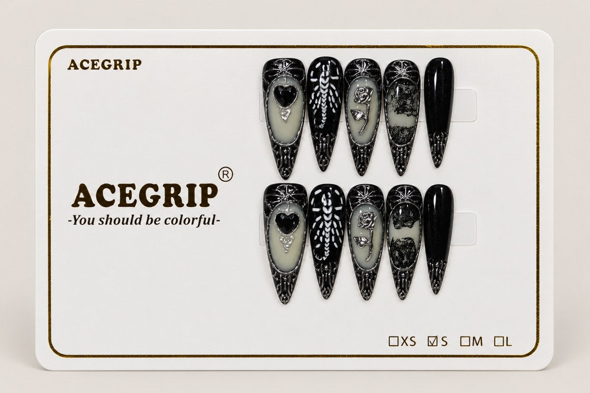 ACEGRIP Onyx Hearts, style NB15004, complete 10-nail set on its presentation card
