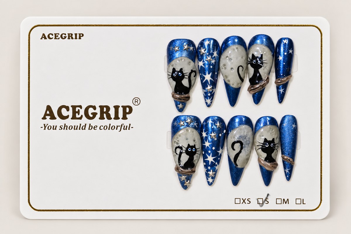 ACEGRIP Azure Cat Café Moonlight, style NB15005, complete 10-nail set on its presentation card