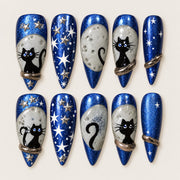 ACEGRIP Azure Cat Café Moonlight press-on nails in blue, white, black, and gold tones, with cat motifs, style NB15005