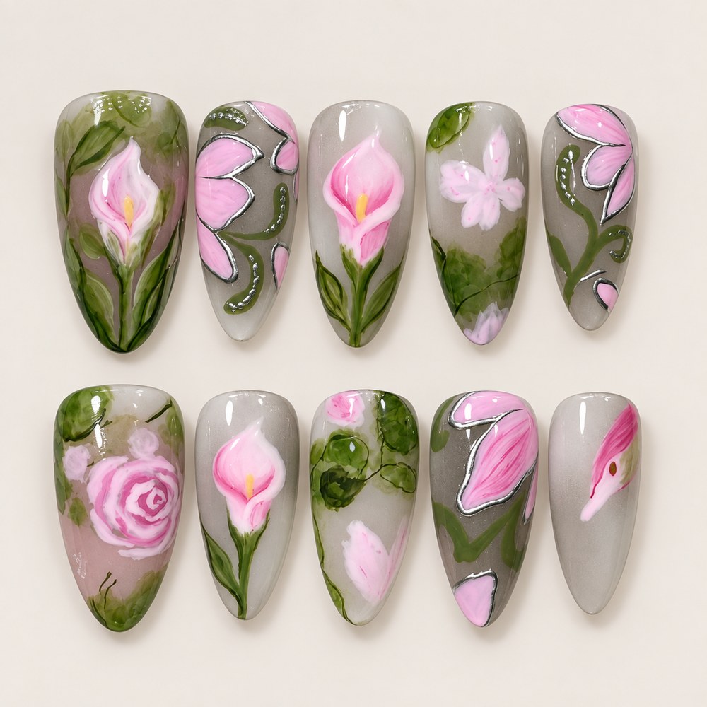 Jade Blossom Leaves - Green Floral & Leaf Press-On Nails