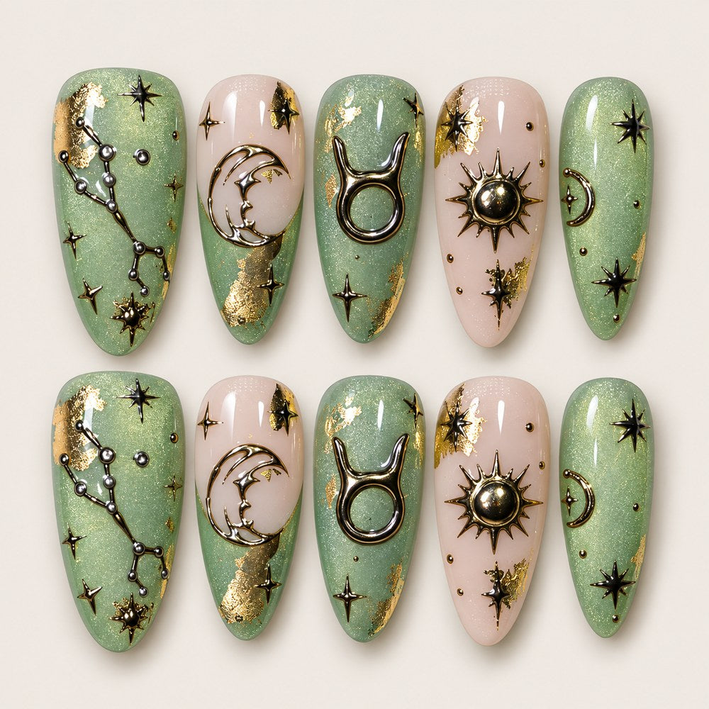 ACEGRIP Jade Moonlight press-on nails in green, peach nude, and gold tones, with crescent-moon motifs, style NB15007