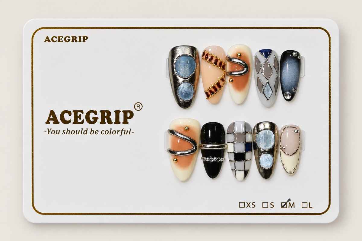 ACEGRIP Blush Check Rings, style NB15008, complete 10-nail set on its presentation card