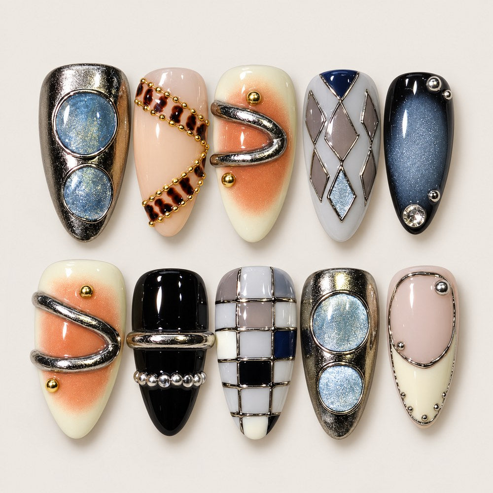 ACEGRIP Blush Check Rings press-on nails in peach nude, black, grey, and silver tones, with check and grid patterns, style NB15008