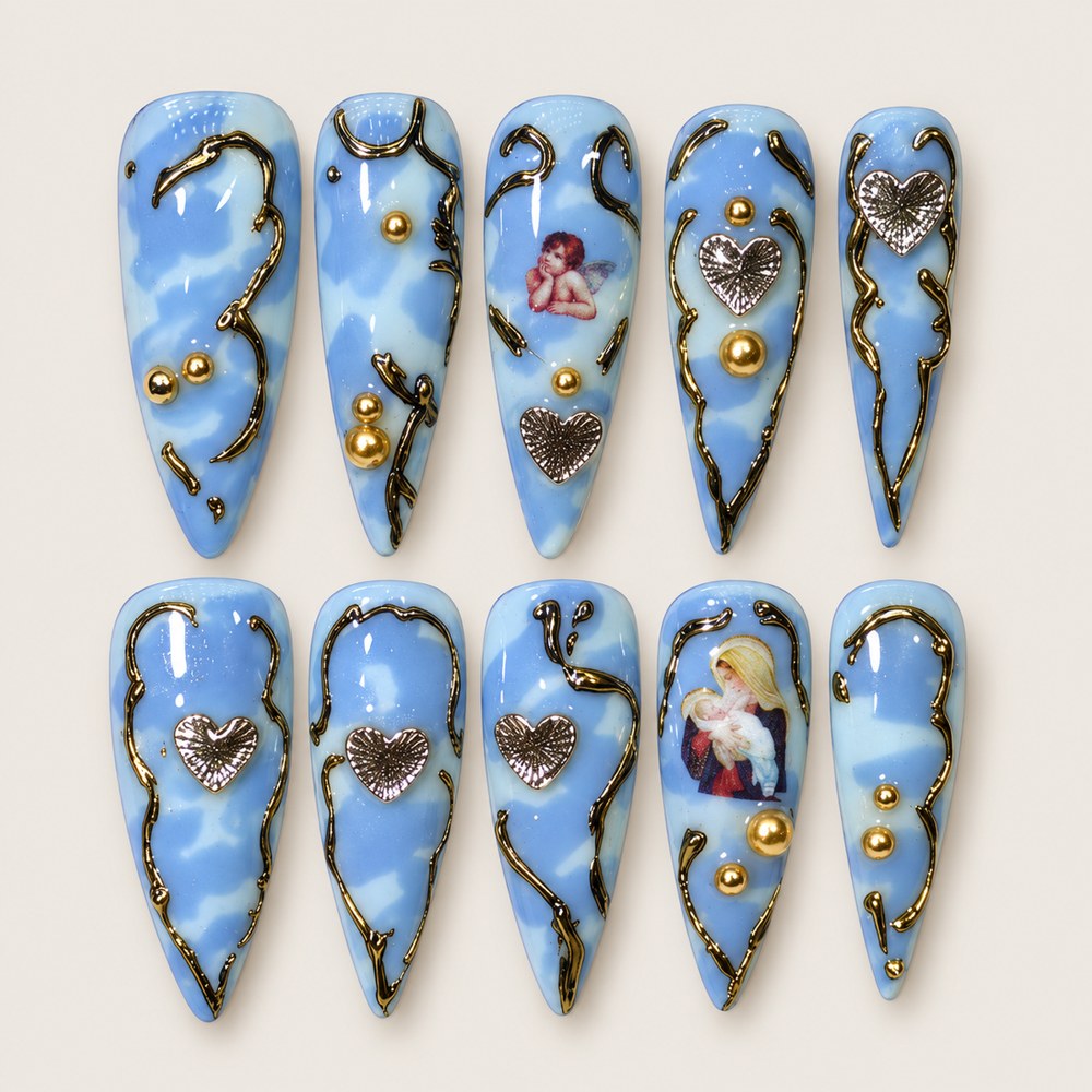 Azure Heart Cameo - Blue Heart & Ornamental Press-On Nails