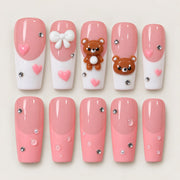 ACEGRIP Rose Companions Bow press-on nails in pink, white, and brown, with animal accents, style NB15013