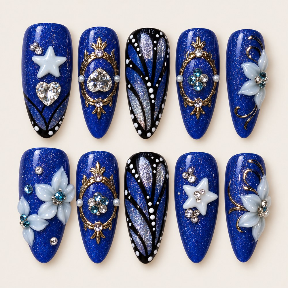 Azure Star Petals - Blue Star & Floral Press-On Nails