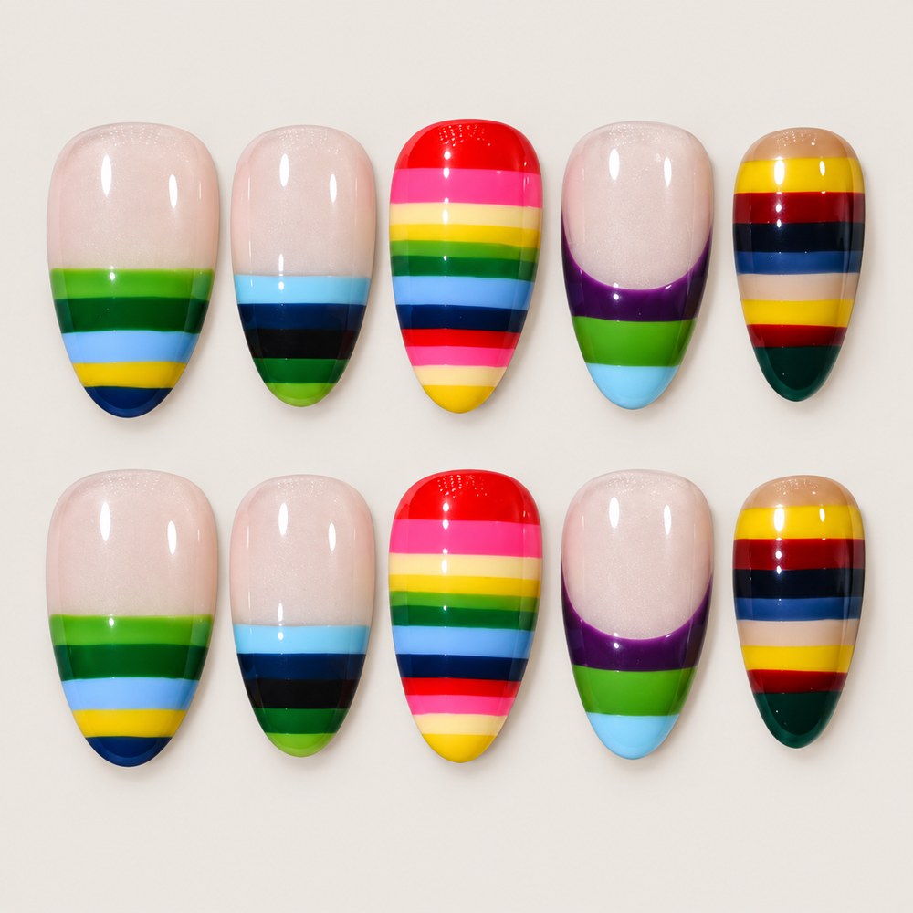 ACEGRIP Blush Stripe French press-on nails in peach nude and multiple bright colors, with striped patterns, style WE16011