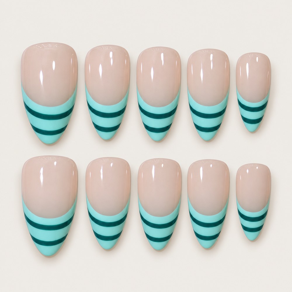 ACEGRIP Blush Stripe Tips press-on nails in peach nude, turquoise, and black, with striped patterns, style WE16014