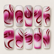 ACEGRIP Ivory Linework press-on nails in white, pink, and red, with fine linework, style WE16015