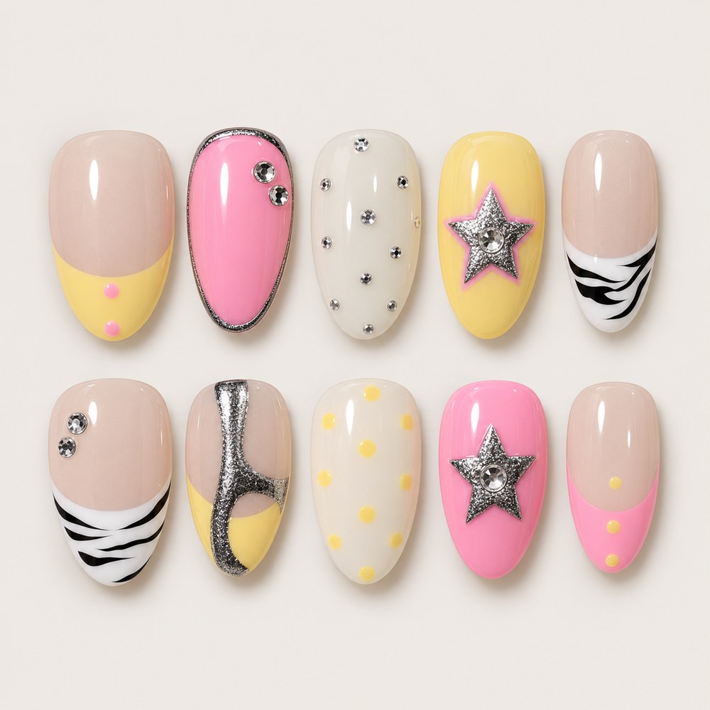 ACEGRIP Rose Constellation press-on nails in pink, yellow, peach nude, and white, with star motifs, style WE16016