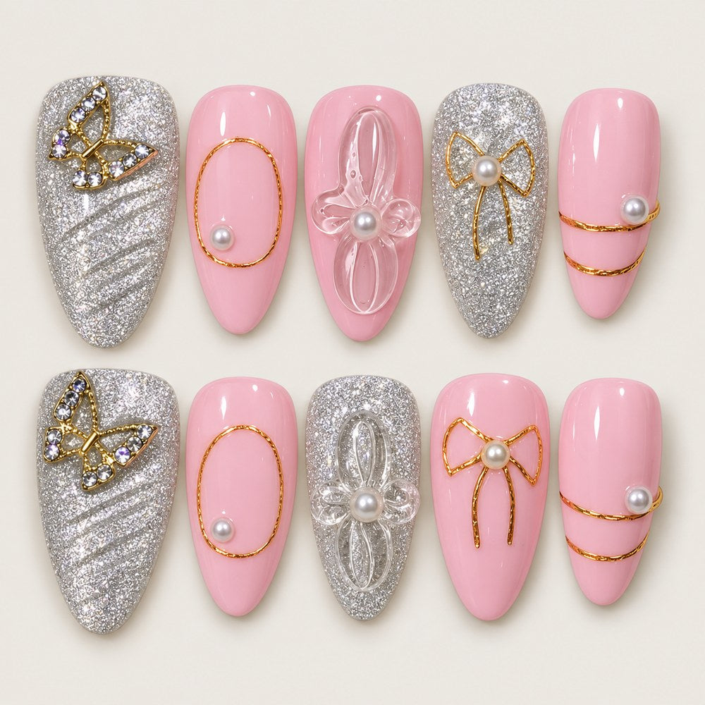 ACEGRIP Rose Silver Bow Loops press-on nails in pink, silver tones, and gold tones, with bow accents, style XH3001