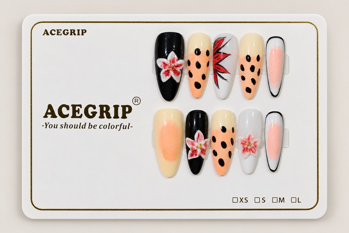 ACEGRIP Onyx Bloom, style XH3003, complete 10-nail set on its presentation card