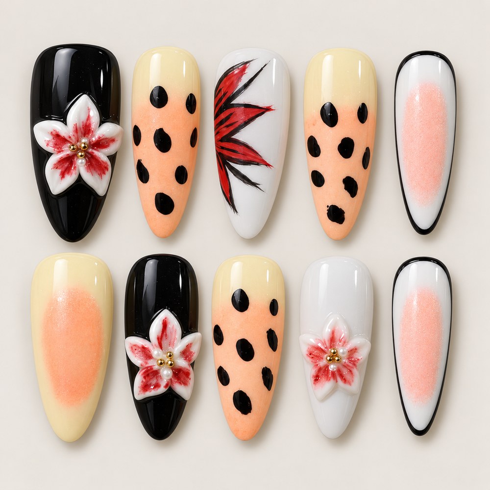 ACEGRIP Onyx Bloom press-on nails in black, white, peach nude, and yellow, with floral accents, style XH3003