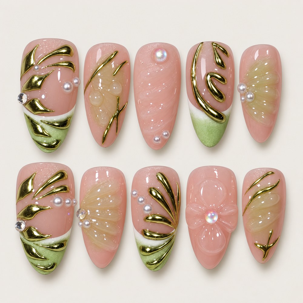 ACEGRIP Blush Branches press-on nails in peach nude, pink, green, and gold tones, with branch-like linework, style XH3007