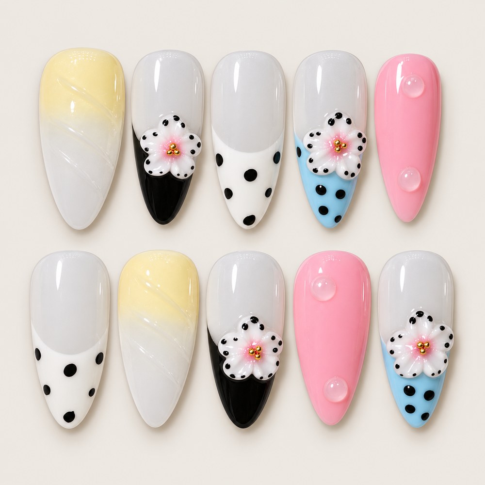Ivory Petal Dots - White Floral & Polka Dot Press-On Nails