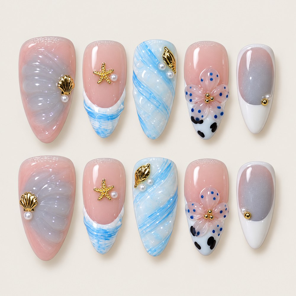 ACEGRIP Blush Blossom Seaside press-on nails in peach nude, blue, pink, and grey, with floral accents, style XH3009
