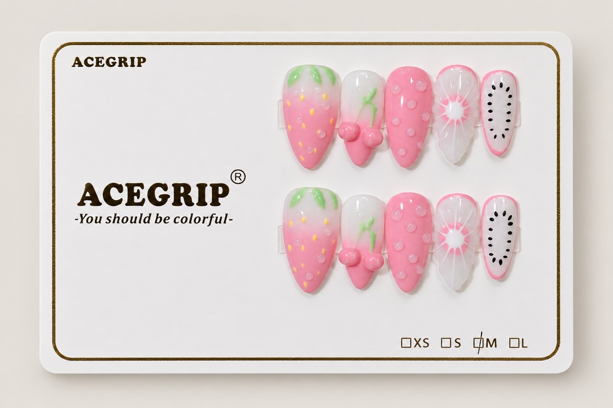 ACEGRIP Rose Fruit Market Cherry, style XH3010, complete 10-nail set on its presentation card
