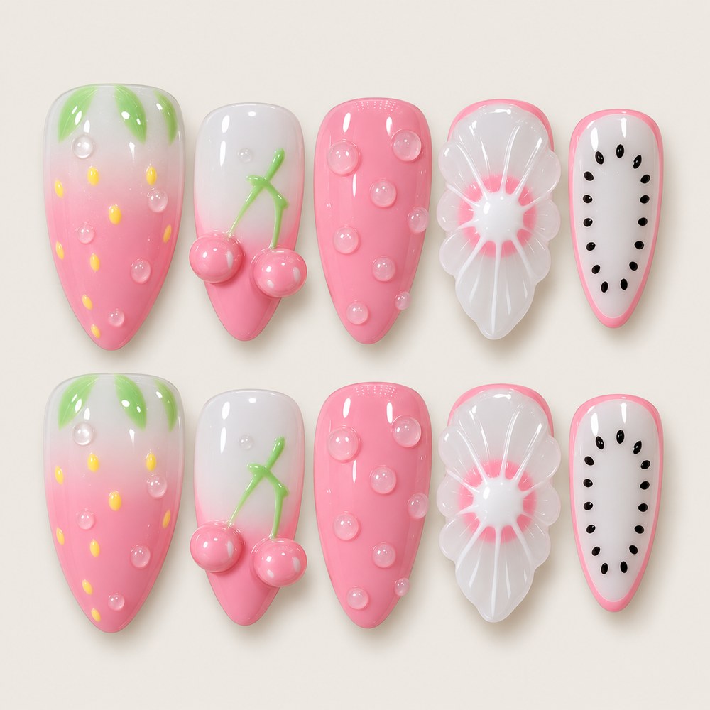 ACEGRIP Rose Fruit Market Cherry press-on nails in pink, white, and green, with fruit motifs, style XH3010