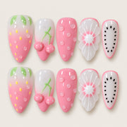 ACEGRIP Rose Fruit Market Cherry press-on nails in pink, white, and green, with fruit motifs, style XH3010