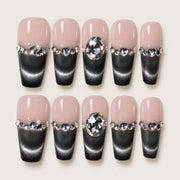 ACEGRIP Blush Onyx French press-on nails in peach nude, black, and silver tones, with French-tip color blocking, style XH3011