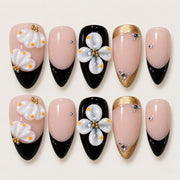 ACEGRIP Blush Garden Tips press-on nails in peach nude, black, white, and gold tones, with floral accents, style XH3012