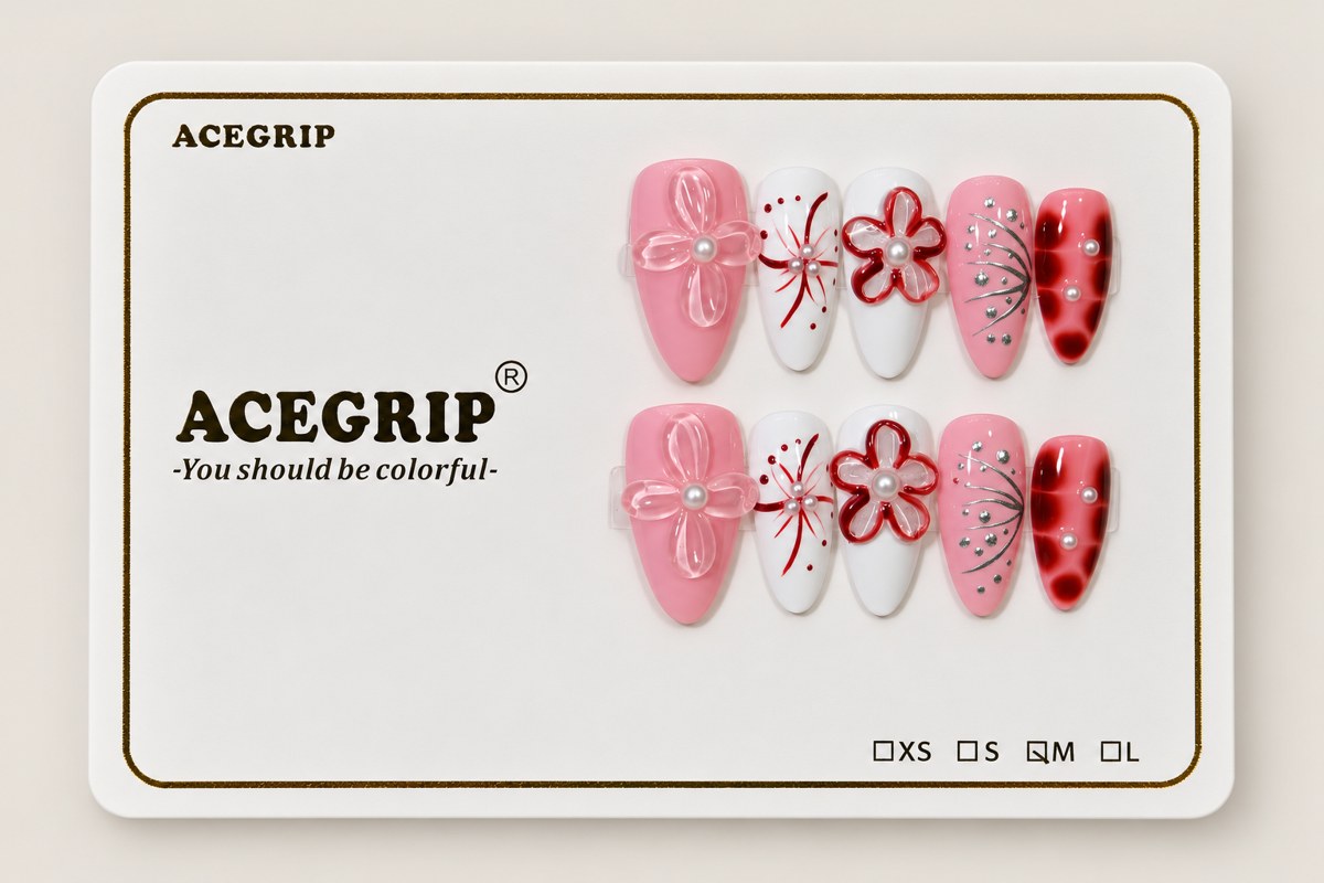 ACEGRIP Rose Bloom Linework, style XH3015, complete 10-nail set on its presentation card