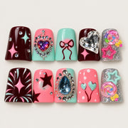 ACEGRIP Scarlet Hearts press-on nails in red, pink, mint green, and silver tones, with heart motifs, style XH3016