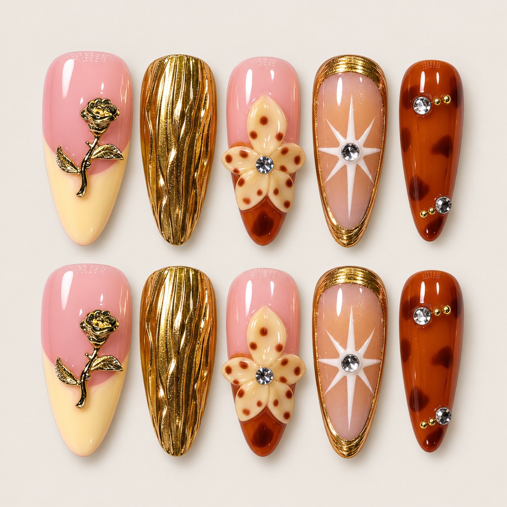 ACEGRIP Rose Garden Spotted press-on nails in pink, yellow, brown, and gold tones, with floral accents, style XH3017