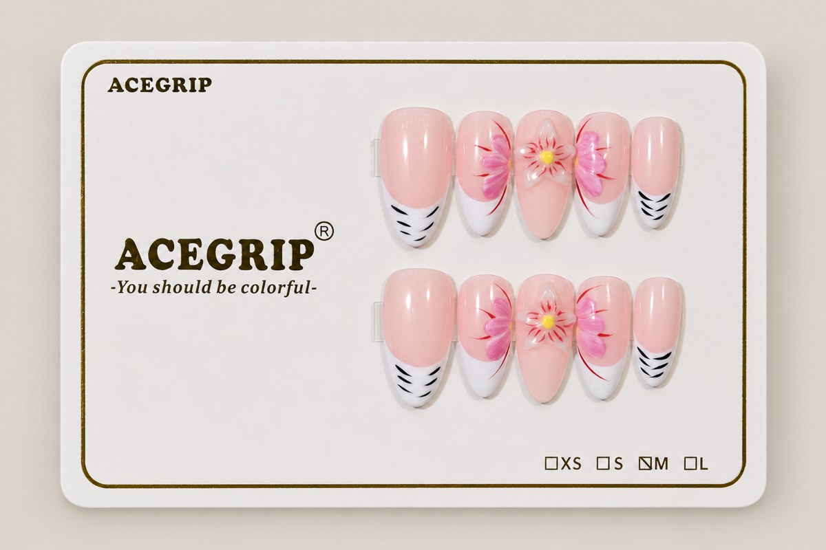 ACEGRIP Blush Blossom Zebra, style XH3019, complete 10-nail set on its presentation card