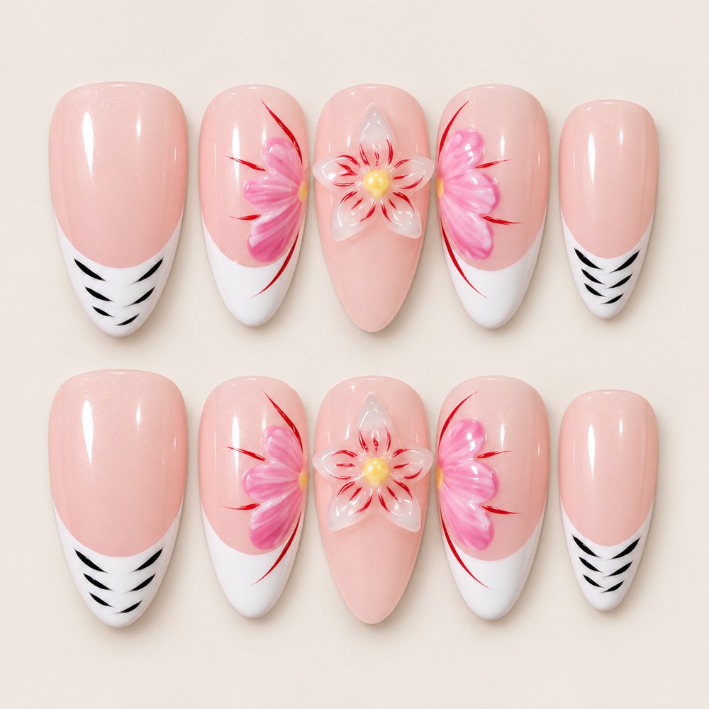 ACEGRIP Blush Blossom Zebra press-on nails in peach nude, white, pink, and black, with floral accents, style XH3019