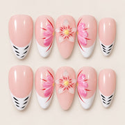 ACEGRIP Blush Blossom Zebra press-on nails in peach nude, white, pink, and black, with floral accents, style XH3019