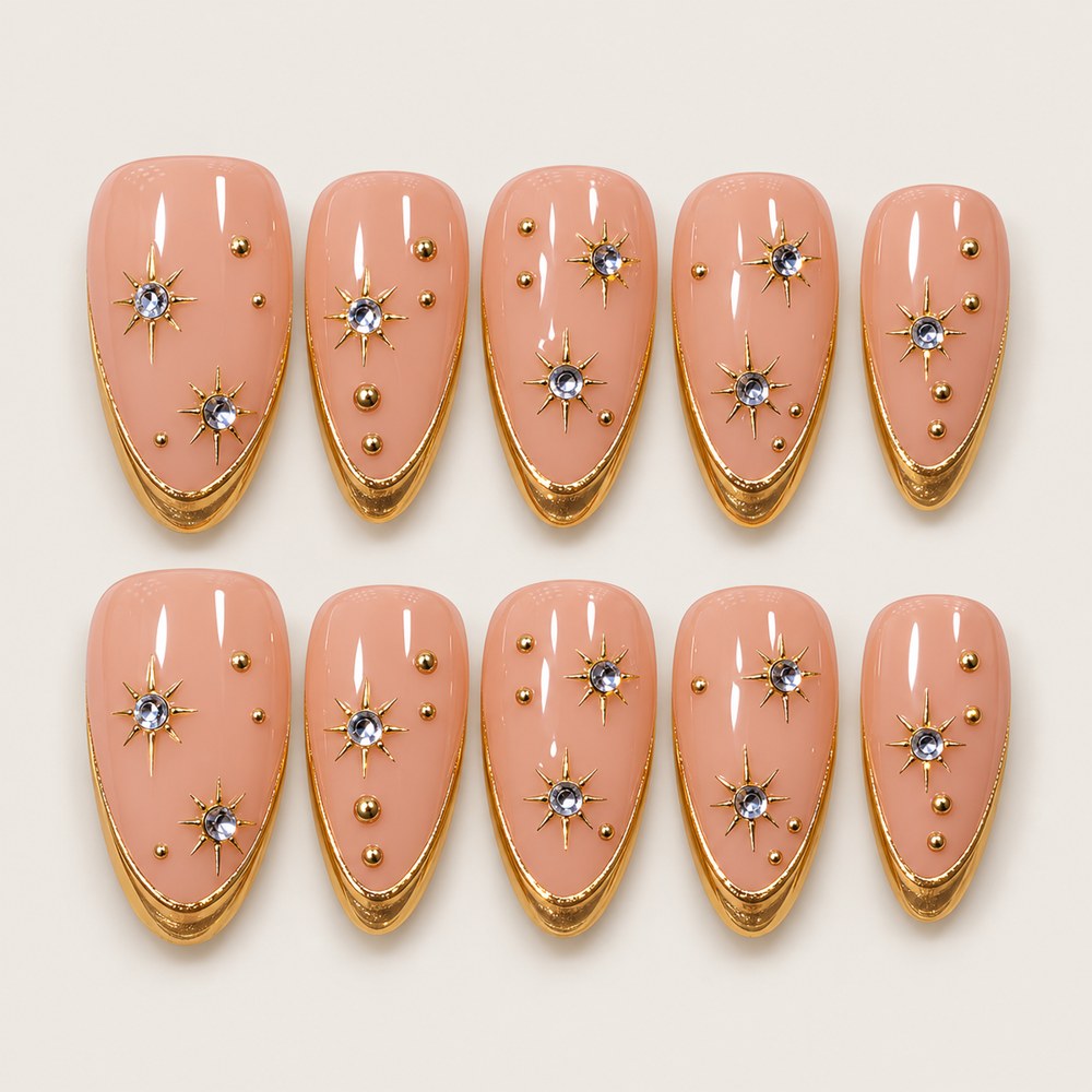 ACEGRIP Blush Starlight French press-on nails in peach nude, gold tones, and silver tones, with star motifs, style XH3022