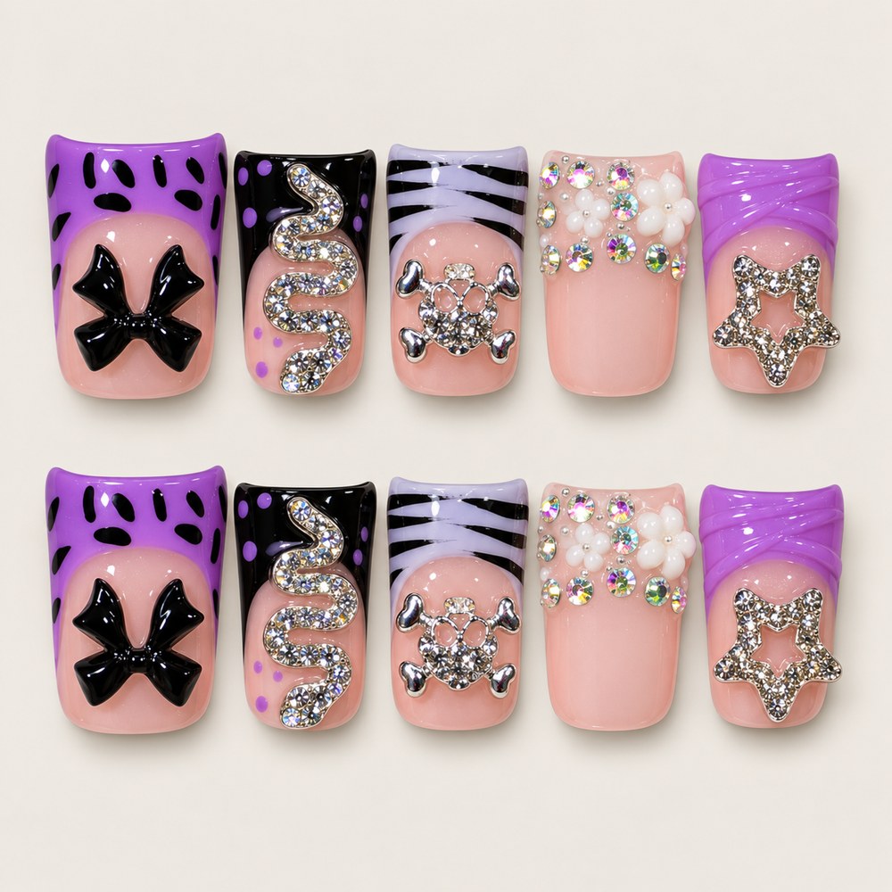 ACEGRIP Blush Spotted Starlight press-on nails in peach nude, purple, black, and silver tones, with leopard-like spots, style XH3026