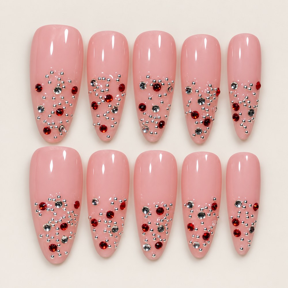 ACEGRIP Rose Jewels Dots press-on nails in pink, red, and silver tones, with gem-like accents, style XH3030