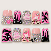 ACEGRIP Rose Companions Starlight press-on nails in pink, black, and silver tones, with animal accents, style XH3031