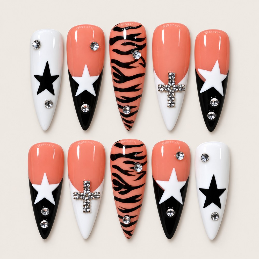 ACEGRIP Blush Starlight Zebra press-on nails in peach nude, white, black, and orange, with star motifs, style XH3033