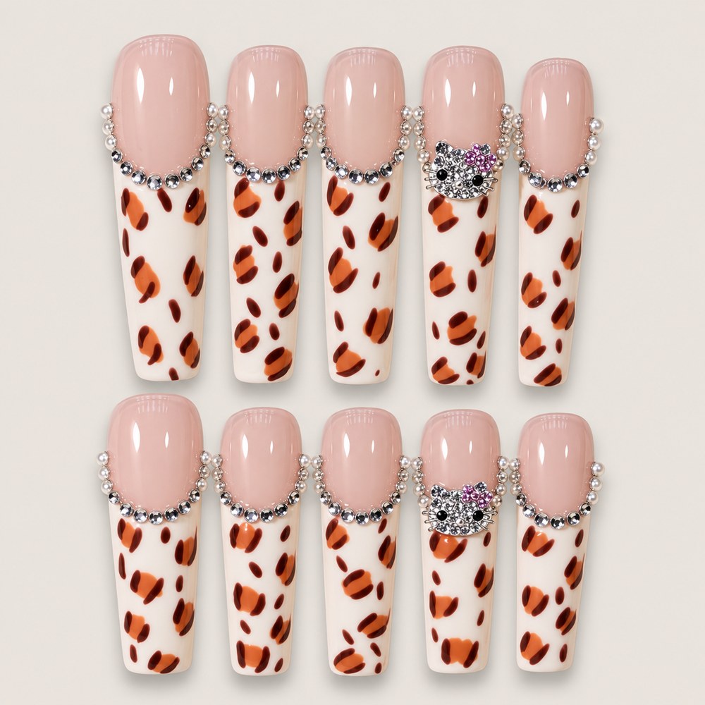 ACEGRIP Blush Spotted French press-on nails in peach nude, white, brown, and silver tones, with leopard-like spots, style XH3034