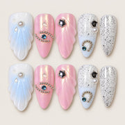 ACEGRIP Azure Gaze Sculpture press-on nails in blue, pink, white, and silver tones, with eye motifs, style XH3036